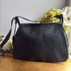 ULTRA RARE! Prada Triangle Logo Shoulder Messenger Bag in Stamped Black Leather